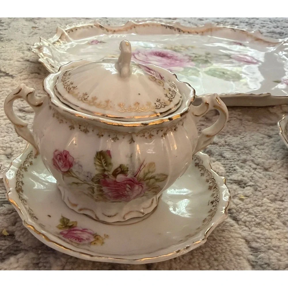 Vintage Porcelain Rose Tea Set Gold Gilded Tray Sugar Bowl Creamer 6 Piece